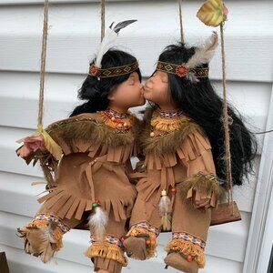 Cathay Collection Hanging Swing Dolls Native American Porcelain Kissing Dolls